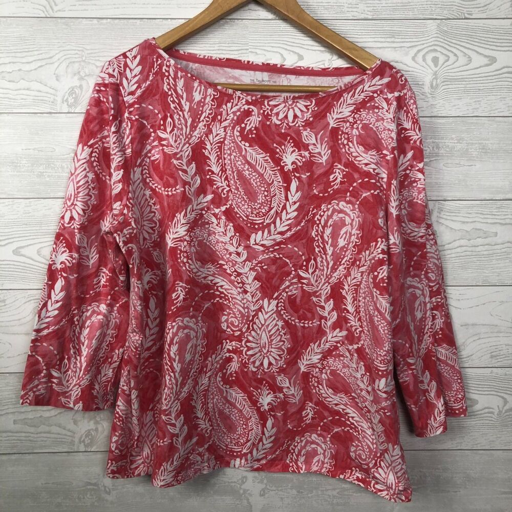 Talbots Women's XL The Talbots Tee Paisley Print 3/4 Sleeve Boat Neck Red White